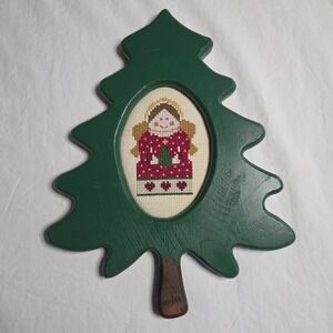 Handmade Painted Christmas Angel CrossStitch Wall Decor Wooden Tree Shaped Frame